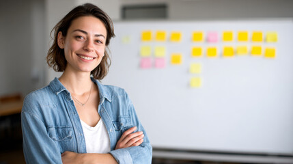 Confident young woman standing with arms crossed in front of whiteboard covered with colorful sticky notes in modern
