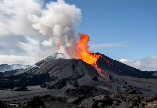 A breathtaking volcanic landscape featuring an erupting Mount Etna in Sicily, Italy, showing a smoking crater and glowing lava against a cloudy sky with snowy mountain peaks in the distance - Powered by Adobe
