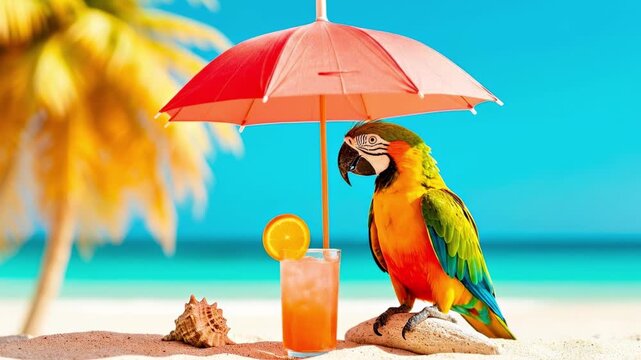A colorful macaw parrot stands on a sandy beach next to a tropical drink under a red umbrella. Palm trees and a blue ocean are in the background.