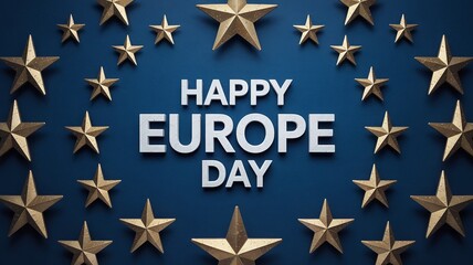 Happy Europe Day Greeting Card with a Circle of Gold Stars over a Blue Textured Background to Celebrate Unity and Peace in the European Union