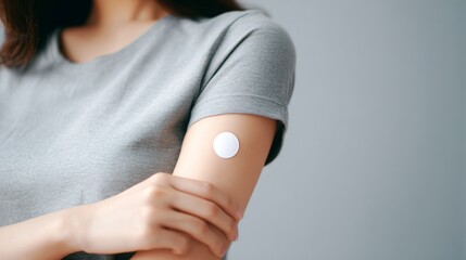 Obraz premium A woman with a white bandage on her arm. The bandage is a patch that is used to deliver medication
