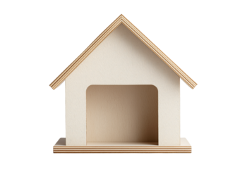 Simple wooden house shaped sign with two blank panels and a large opening isolated on a transparent background