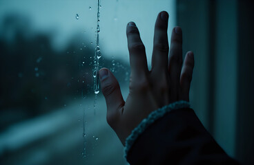A close-up of a person's hand pressing against a windowpane streaked with heavy rain, emphasizing feelings of isolation and coldness.