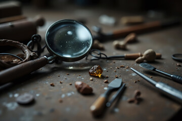 A magnifying glass sits beside a piece of glowing amber and various small, specialized tools on a dark, cluttered workbench, suggesting detailed investigation or meticulous craftwork.