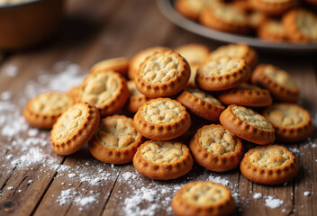 A scattered pile of golden mini tarts with fluted edges and light filling rests on a rustic wooden surface dusted with white powder.