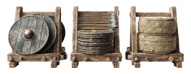 Realistic Kingdom Weapon Storage Concept with Shields, Ropes, and Wooden Pieces