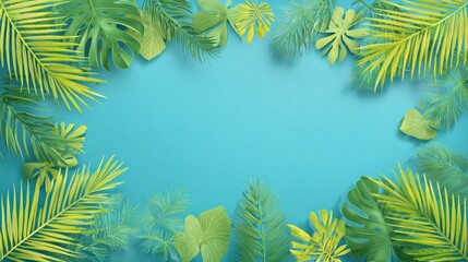 A vibrant arrangement of green tropical leaves on a bright blue background, creating a fresh and lively atmosphere.