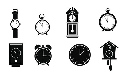 collection of various clocks and watches on white background