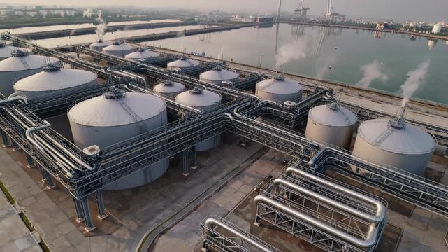 Aerial View Of Waterfront Tanks And Pipeline Systems For Tanker Operations, Overhead Perspective Showcasing Shoreline Storage Units With Piping For Fuel Transfer And Vessel Docking Activities