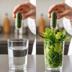Hand holding infusion pitcher with fresh mint leaves.