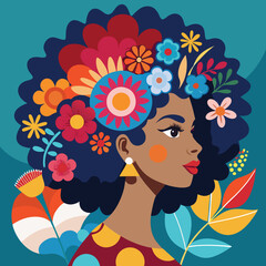 Artistic Profile Portrait of a Black Woman with a Large Natural Afro Hairstyle Decorated with Floral and Geometric Elements for Beauty and Empowerment Concepts © GraphicRiver99