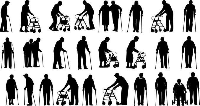 Group of elderly senior people with walking aids silhouette set large collection.
