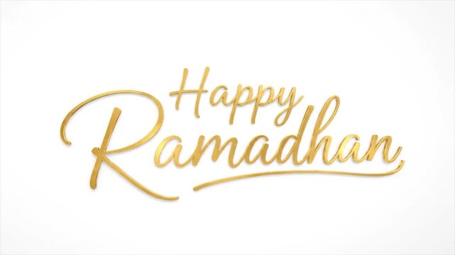Celebrating Happy Ramadhan with elegant gold calligraphy on a clean white background from a straight-on viewpoint