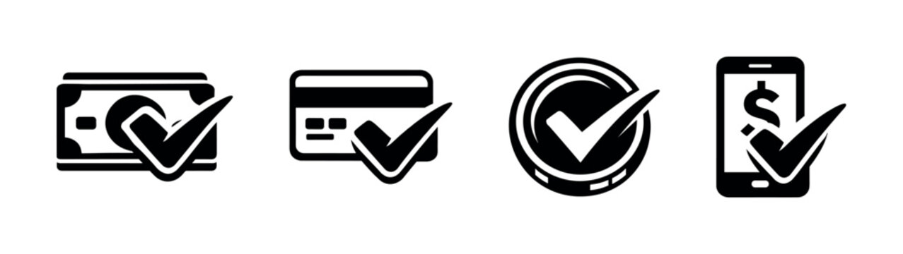 Payment methods vector icons set. money, credit card, coin checkmark symbols.