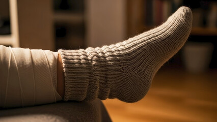 Injured leg in wool sock, resting on soft surface, indicating comfort. Bandaged injured leg in wool sock requires warmth, support during healing process.