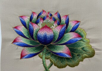 Vibrant multi colored lotus flower with detailed petals and leaf