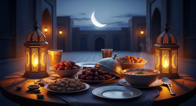 Ramzan Iftar table setting with lanterns and food at night with crescent moon in the Background
