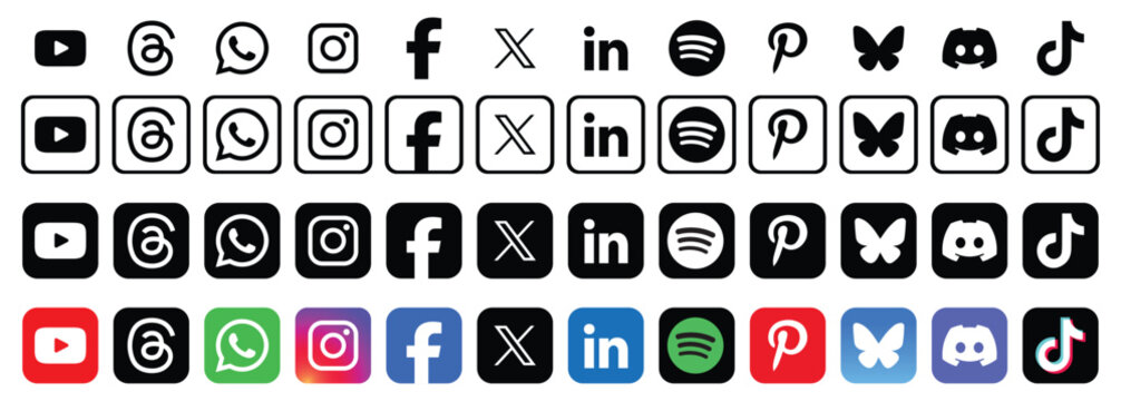 Social Media App Icons 2026. Vector App Icons for Popular Social Network and Messaging Apps. Facebook, Instagram, TikTok, Bluesky, Threads, WhatsApp, LinkedIn, X, Pinterest, Youtube, Spotify. eps file