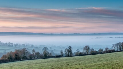 A serene landscape showcasing foggy fields and distant trees under a pastel sky at dawn.