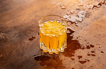 Fresh orange juice served in a clear glass on a wet wooden table. Capturing freshness and natural energy. Ideal for beverage, summer, refreshment and lifestyle design concepts. Selective focus.