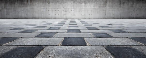 A minimalist concrete surface with a patterned floor creates a stark, modern aesthetic, emphasizing symmetry and geometric design.