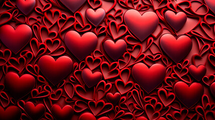 Background with red hearts, greeting card for Valentine's Day.