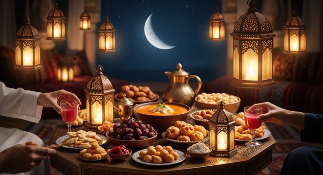 Ramzan Iftar dinner with family and friends in traditional arabic lanterns lit crescent moon night Background