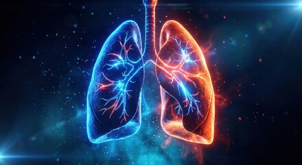 A digital illustration of a pair of lungs with the left lung depicted in blue and the right lung in red against a dark starry background