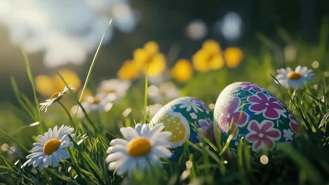 Low-angle video of colorful Easter eggs in grass, surrounded by daisies and sunlight. Live desktop wallpaper.