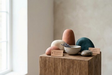 Serene display of tactile sensory toolkit stones and calming lavender in a minimalist setting conjuring tranquility and emotional well being