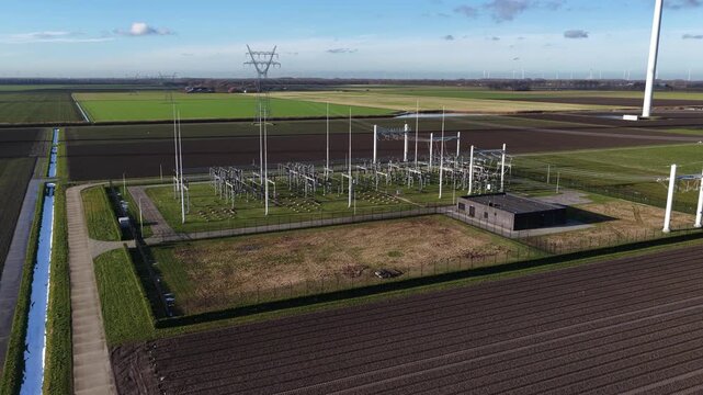 Aerial view of high voltage power station in Dronten