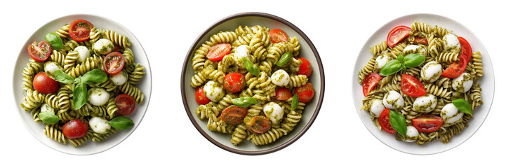 Fusilli pasta with tomatoes and mozzarella isolated on a transparent background
