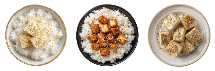 Three bowls of rice with tofu isolated on a transparent background