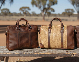 A solid leather briefcase and a woven bag sit side-by-side on a rustic wooden table in a dry, outback environment.