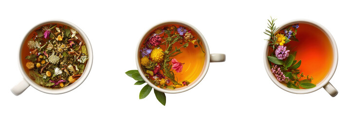 Three cups of herbal tea with flowers isolated on a transparent background