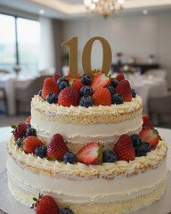 A celebratory two-tier naked cake, topped with fresh strawberries and blueberries, displays a golden number 10 topper in a bright dining room.