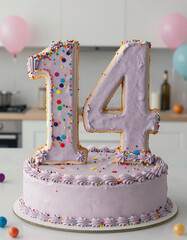 This lavender birthday cake celebrates a 14th birthday with large cookie numbers decorated with purple frosting and bright confetti sprinkles.