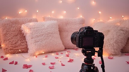 Romantic vlog recording setup shaggy pillow photography style romantic room setup for product shoot flat lay cozy content creator scene social media valentine mood setup home-based aesthetic