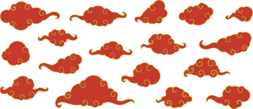 Chinese clouds. Oriental Asian style red and golden cloud traditional design, decoration icon, holidays abstract cloudscape symbol. Japanese background. Vector isolated illustration set