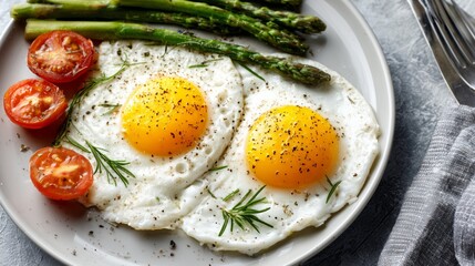 Healthy breakfast plate displaying fried eggs, green asparagus, and cherry tomatoes