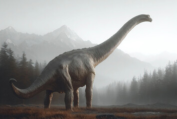 Fototapeta premium Glacialisaurus roams a prehistoric forest with distant mountains during the age of dinosaurs