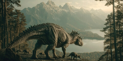 Majungasaurus explores a primeval landscape of lakes and forests surrounded by mountains