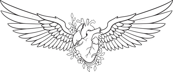Obraz premium Anatomical heart with angel wings – Winged heart line art vector illustration