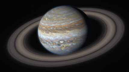Cinematic view of a gas giant with a triple-ring system of ice, rock and carbon dust