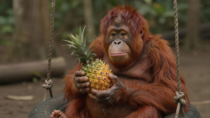 Chubby baby orangutan on a tire swing, holding a pineapple with a wide, happy grin