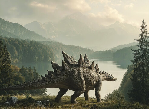 Kentrosaurus exploring a scenic landscape of lakes and forests in a prehistoric setting