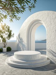 Obraz premium Minimalist white architectural archway with circular podium overlooking the sea
