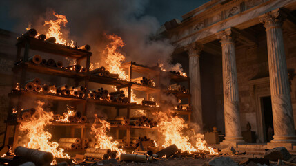 Destruction of the Library of Alexandria: fire engulfs scrolls and wooden shelves beneath grand marble columns