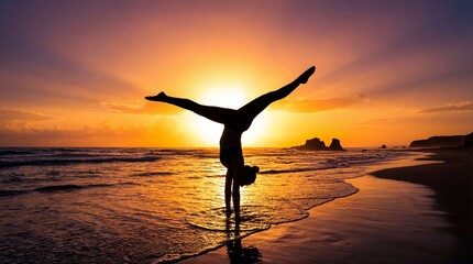 Obraz premium Silhouette yoga woman handstand beach sunset. Gymnastics split balance. Healthy lifestyle vitality. Meditation wellness concept. Zen mind body harmony. Physical fitness. Golden hour.