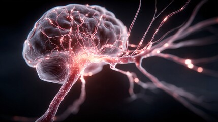 A detailed 3D rendering of a neuron with glowing pink connections against a dark background